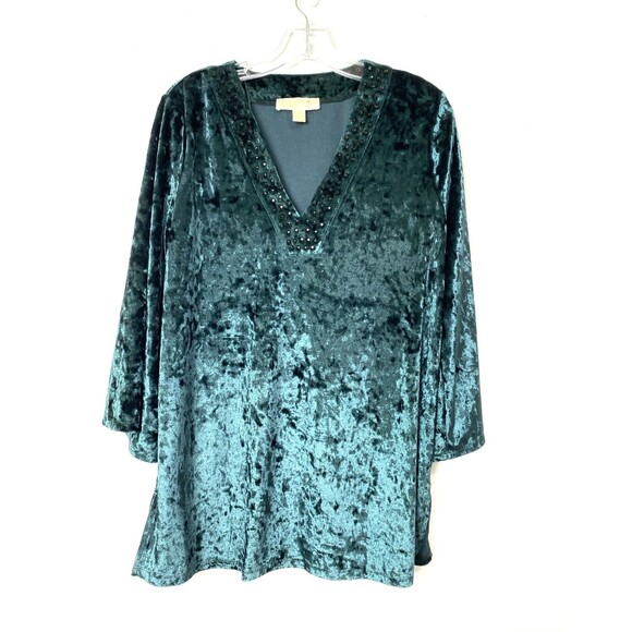 Michael Kors Velvet Top Size L Emerald Green Crushed Blouse Bell Sleeves 3/4 - Picture 1 of 14
